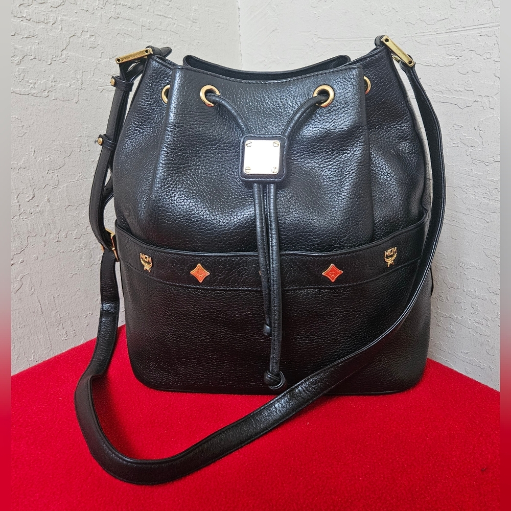 MCM Leather Bucket Drawstring Shoulder Bag Vintage AUTHENTIC